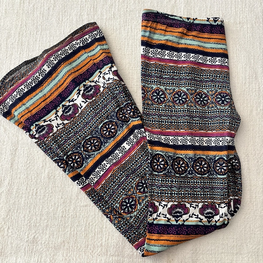 Rip Curl Women Medium Ribbed Flare Pants Boho Beachy Floral Multicolor Wide Leg